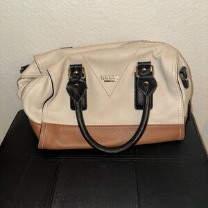 GUESS Cream and Brown Satchel with Black Accents